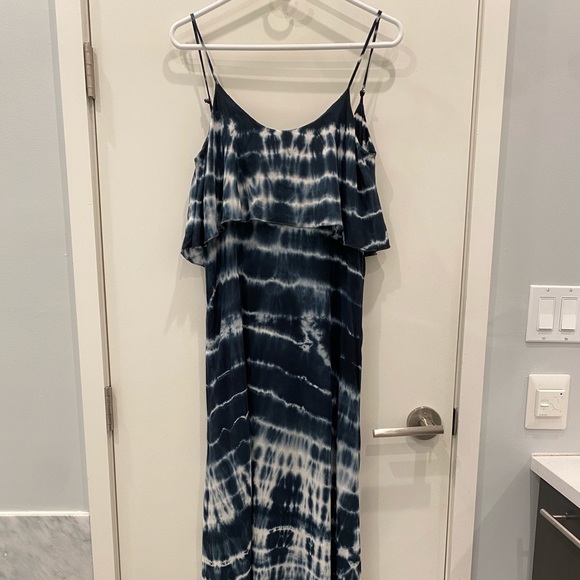 blue hoco dress sparkly Navy Tie Dye Off Shoulder Smocked Ruffle Maxi Dress